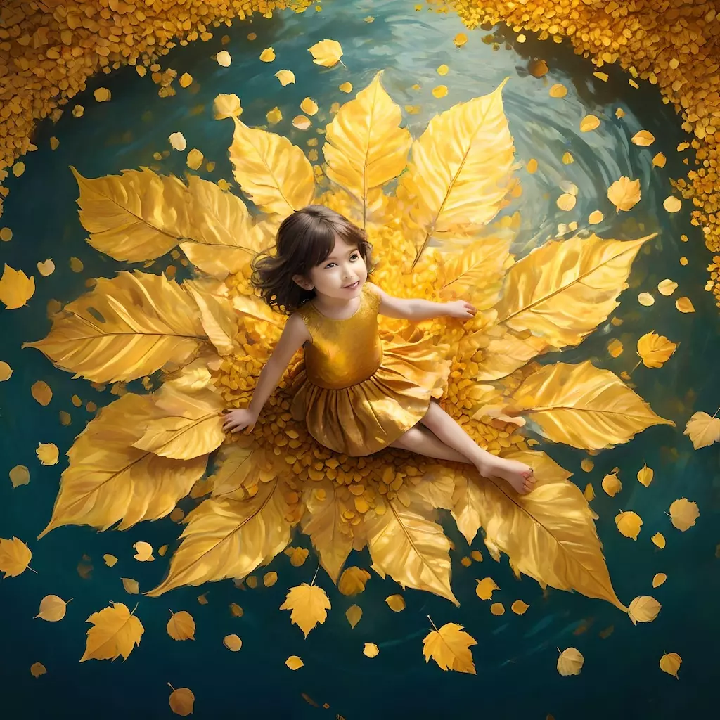 La piccola Sofia sul tappeto magico di foglie, posato su un piccolo laghetto