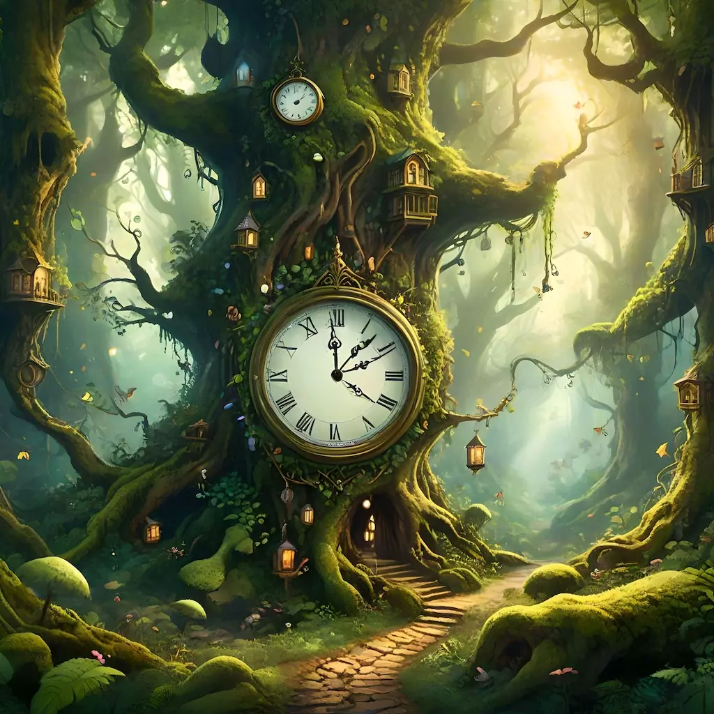 Uno degli alberi più grandi delle foreste senza tempo. Lo abbiamo decorato con orologi strani e non funzionanti, come simbolo per ricordarci che il tempo è solo un'illusione...